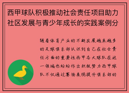 西甲球队积极推动社会责任项目助力社区发展与青少年成长的实践案例分析