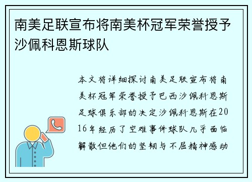 南美足联宣布将南美杯冠军荣誉授予沙佩科恩斯球队