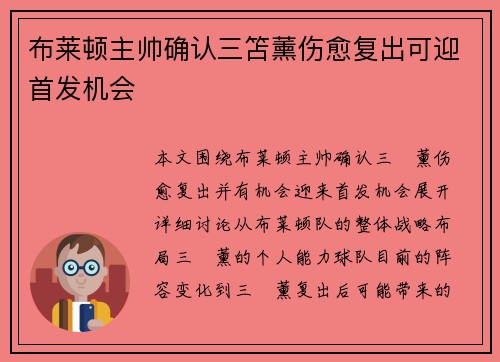 布莱顿主帅确认三笘薰伤愈复出可迎首发机会
